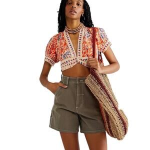 Free People Top Crop Womens XS Mack Printed Shirt Boho Bohemian Festival Artsy